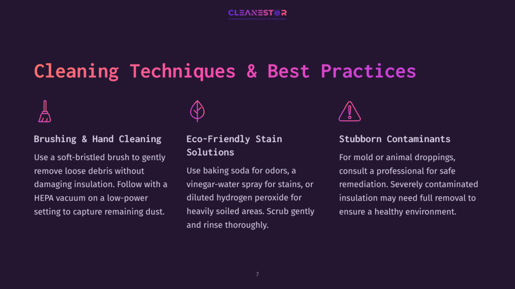 A Purple Infographic Detailing Cleaning Techniques, With Sections On Brushing, Eco-Friendly Solutions, And Stubborn Contaminants.
