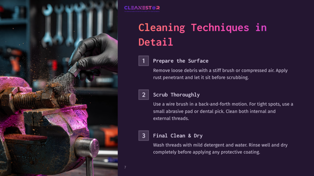 A Gloved Hand Uses A Wire Brush On A Rusty Metal Bolt Secured In A Vise, With Cleaning Techniques Text In English On The Right.