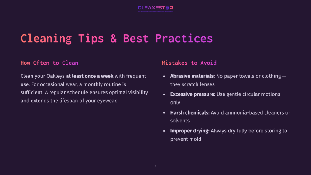 Text On A Dark Purple Background Outlining Cleaning Tips For Oakleys, With Sections Detailing How Often To Clean And Mistakes To Avoid.