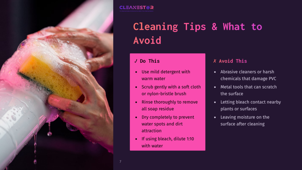 Close-Up Of Hands In Soapy Water Gently Cleaning A White Surface With A Yellow Sponge, Featuring Text &Quot;Cleaning Tips &Amp; What To Avoid&Quot; And &Quot;Do This&Quot; Vs. &Quot;Avoid This&Quot; Lists.