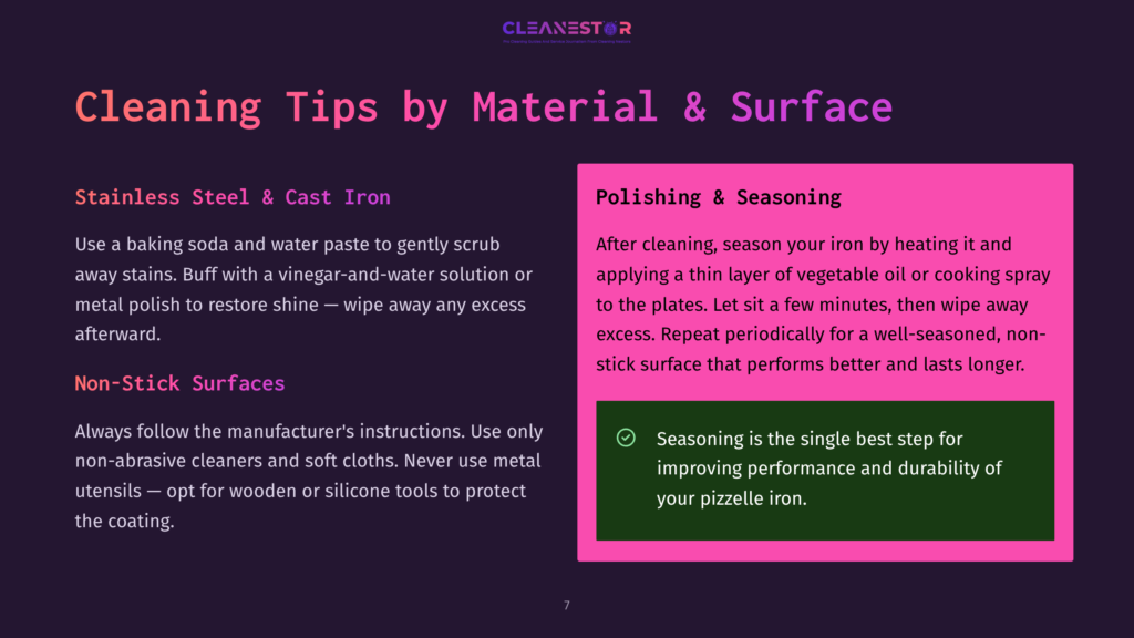 Cleaning Tips For Stainless Steel, Cast Iron, And Non-Stick Surfaces, Plus Polishing And Seasoning Advice. Includes Text From The &Quot;Cleanestor&Quot; Logo.