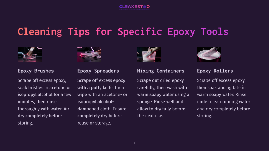Cleaning Tips For Epoxy Tools: Epoxy Brushes, Spreaders, Mixing Containers, And Rollers. Includes Instructions For Scraping, Soaking, Wiping, And Washing Tools.