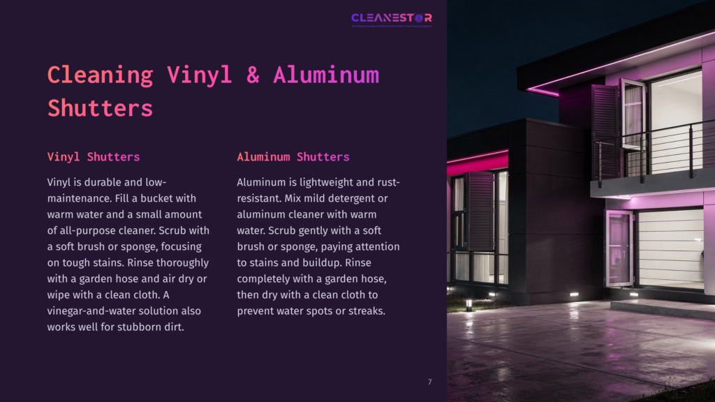 7 Cleaning Vinyl And Aluminum Shutters Modern House Exterior At Night With Purple Neon Lights Illuminating The Facade And Aluminum Shutters. Text On The Left Discusses Cleaning Vinyl And Aluminum Shutters.