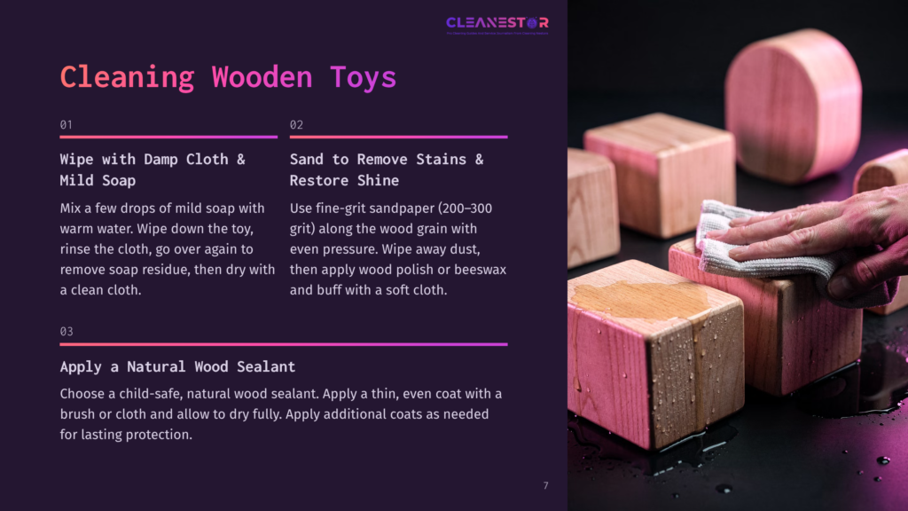 7 Cleaning Wooden Toys Close-Up Of A Hand Gently Wiping A Damp, Light-Colored Cloth Over A Smooth, Light-Brown Wooden Block. The Wood Has A Slightly Wet Sheen, And There Are Other Wooden Blocks In The Background, With Soft Purple And Pink Lighting.