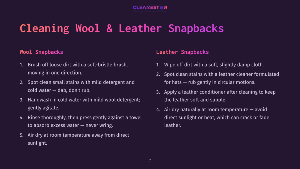 7 Cleaning Wool And Leather Snapbacks Text On A Dark Background Listing Cleaning Instructions For Wool And Leather Snapbacks. The Title &Quot;Cleaning Wool &Amp; Leather Snapbacks&Quot; Is Prominent.