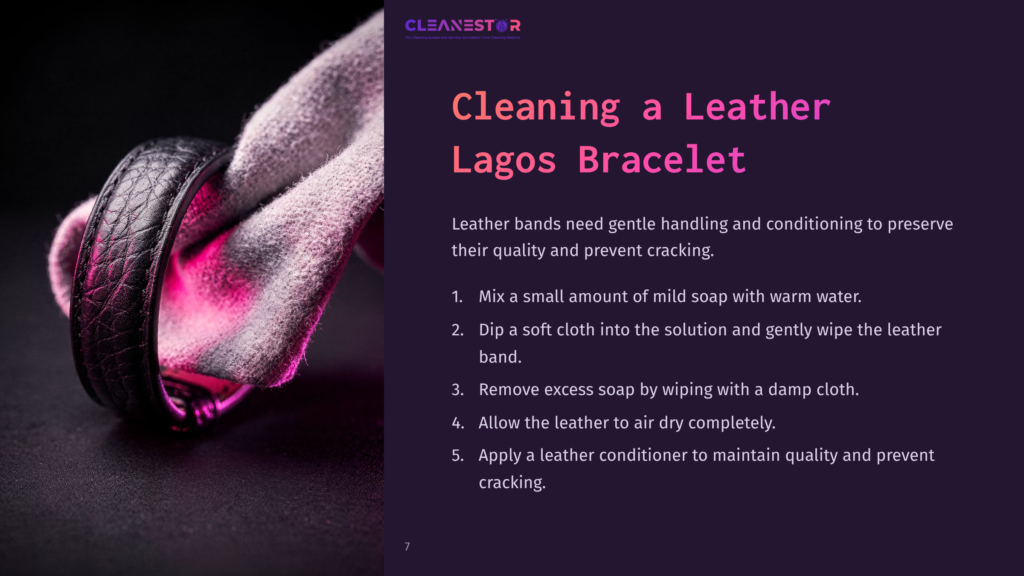 7 Cleaning A Leather Lagos Bracelet A Pink Microfiber Cloth Gently Cleans A Black Leather Bracelet, With Step-By-Step Instructions On Caring For Leather Displayed.