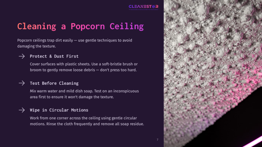 Text Instructions For Cleaning A Popcorn Ceiling, Featuring A Textured Ceiling Surface With Soft Lighting And A Purple Accent.
