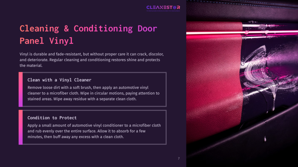 A Close-Up Of A Car Door Panel Featuring Pink Lighting, A Vinyl Cleaner, And A Cloth, Illustrating Cleaning Instructions.