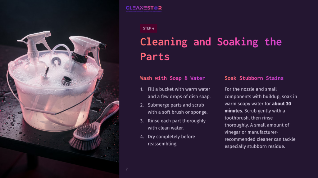 A Bucket Filled With Soapy Water Containing Spray Bottles And Brushes, Set On A Surface With A Soft Glow And Vibrant Colors.