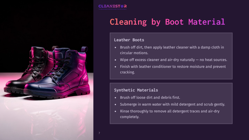 Close-Up Of A Pair Of Stylish Leather Boots, One Black And One Navy Blue, Set Against A Dark, Moody Background With Vibrant Pink And Blue Lighting. The Image Highlights The Texture And Sheen Of The Boot Material.
