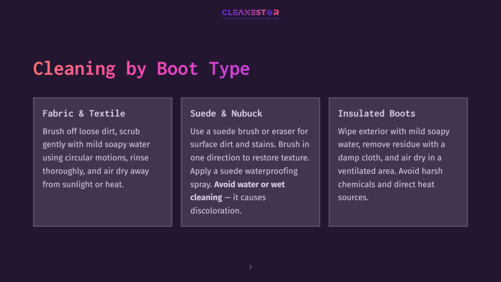 7 Cleaning By Boot Type Graphic Detailing Boot Cleaning Tips: Fabric &Amp; Textile, Suede &Amp; Nubuck, And Insulated Boots Care Instructions. &Quot;Cleaning By Boot Type&Quot; Is The Main Heading.