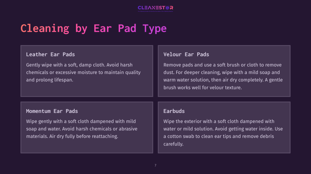 Four Sections Detailing Cleaning Methods For Different Types Of Ear Pads: Leather, Velour, Momentum, And Exterior Care Tips On A Dark Background.