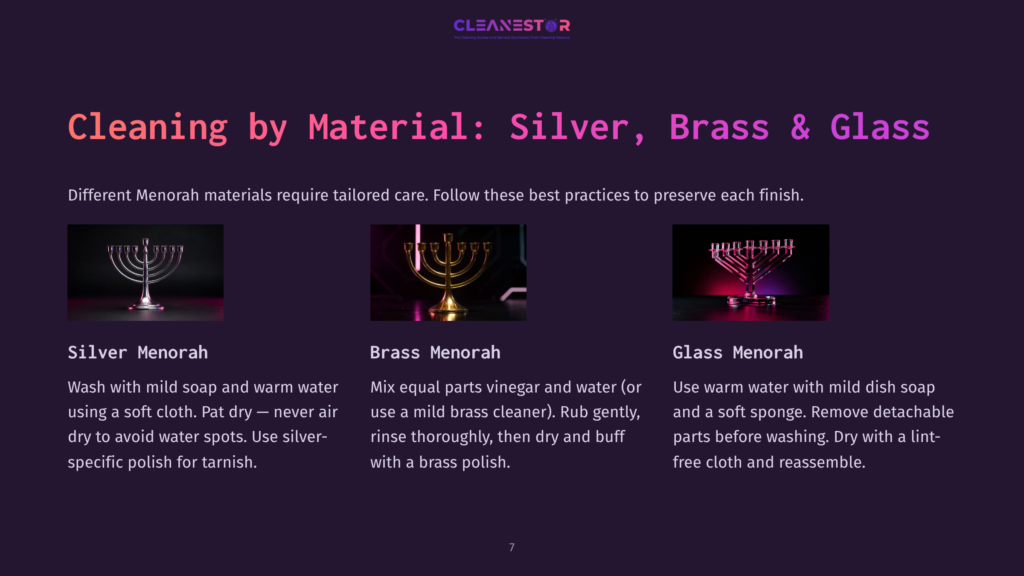 Three Menorahs Made Of Silver, Brass, And Glass, Displayed With Cleaning Instructions. Each Section Features A Distinct Color Background.