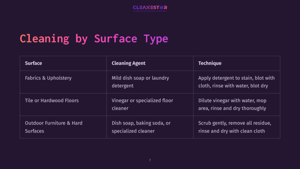 7 Cleaning By Surface Type A Dark Purple Slide With The Title &Quot;Cleaning By Surface Type&Quot; Over A Table Listing Surfaces Like Fabrics &Amp; Upholstery, Tile Or Hardwood Floors, And Outdoor Furniture &Amp; Hard Surfaces, Along With Recommended Cleaning Agents And Techniques.