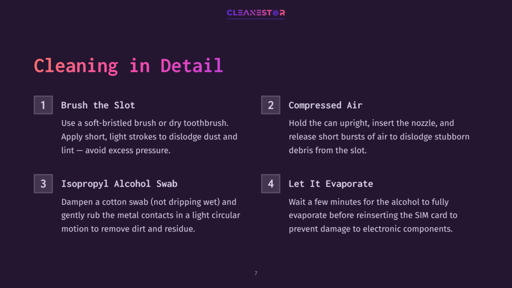 7 Cleaning In Detail Dark Purple Background With White Text Outlining Four Steps: Brushing, Using Compressed Air, Applying Isopropyl Alcohol, And Letting It Evaporate.