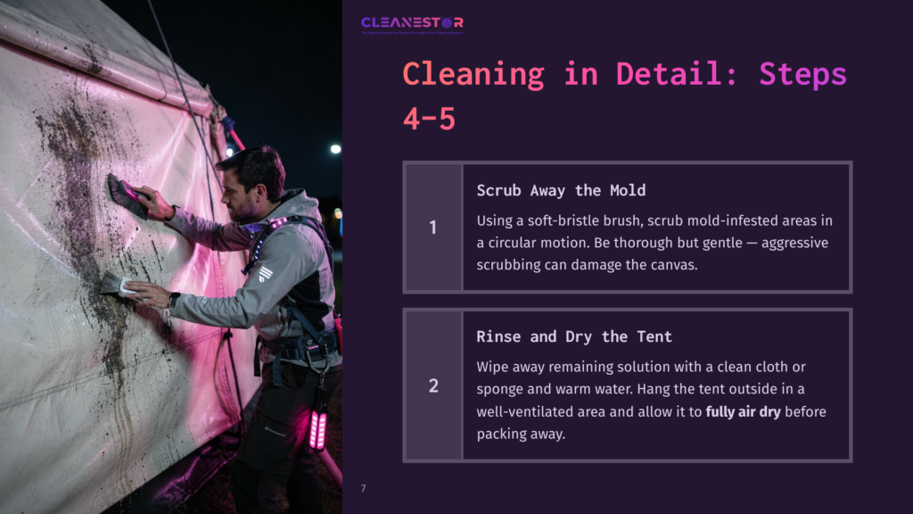 7 Cleaning In Detail Steps 4 5 A Person Wearing A Backpack Scrubs Mold From A Canvas Tent At Night, With Instructions For Cleaning Steps Prominently Displayed.