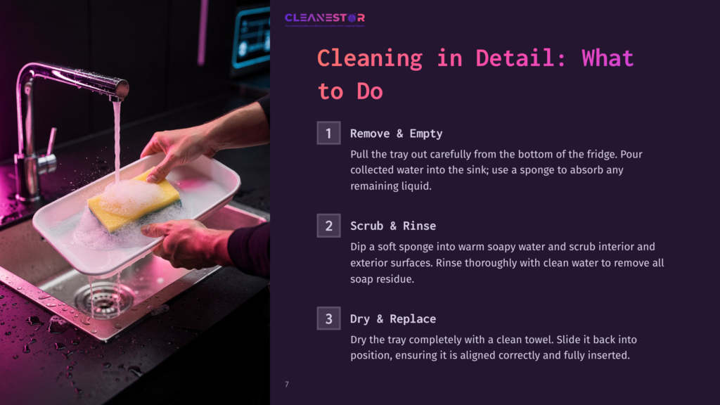 A Person Washing A White Drip Tray With A Yellow Sponge In A Sink, With Outlined Steps For Cleaning On A Dark Background.