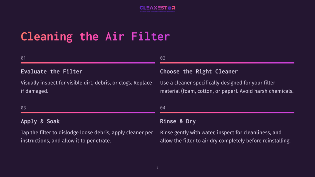 Instructions With Purple Background Detailing Steps For Cleaning An Air Filter, Highlighting Evaluation, Cleaner Selection, Application, And Rinsing.