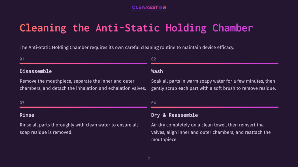 Cleaning The Anti-Static Holding Chamber: Disassemble, Wash, Rinse, Dry &Amp; Reassemble. Instructions For Cleaning The Anti-Static Holding Chamber With Numbered Steps And Descriptive Text.