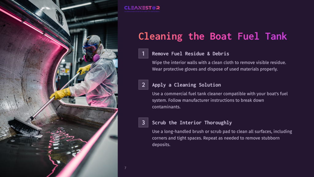A Person In Protective Gear Cleans A Boat Fuel Tank With A Long-Handled Brush, Showing The &Quot;Cleanestor&Quot; Logo And Text About Cleaning The Boat Fuel Tank.