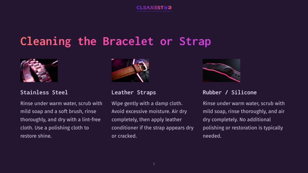 7 Cleaning The Bracelet Or Strap Cleaning The Bracelet Or Strap: Stainless Steel, Leather Straps, And Rubber/Silicone Cleaning Instructions With Images.