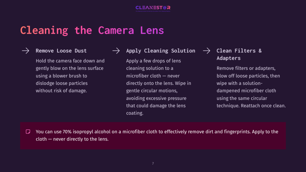 Instructions On Cleaning A Camera Lens, Featuring A Dark Background, Red And White Text, And Visual Icons For Cleaning Tools And Steps.