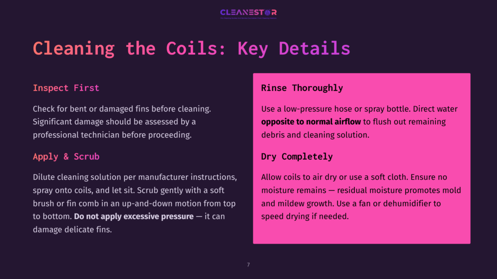 7 Cleaning The Coils Key Details Cleaning The Coils: Key Details. Inspect First: Check For Damage. Apply &Amp; Scrub: Clean Gently. Rinse Thoroughly: Use Low-Pressure Water. Dry Completely: Air Dry Or Use A Soft Cloth.