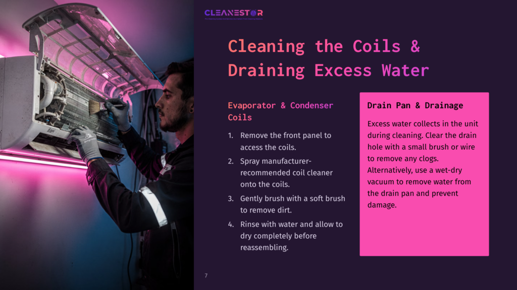 A Person Cleaning A Ductless Mini-Split Unit, Using A Brush On The Coils, With A Purple-Lit Background And Instructions On The Side.
