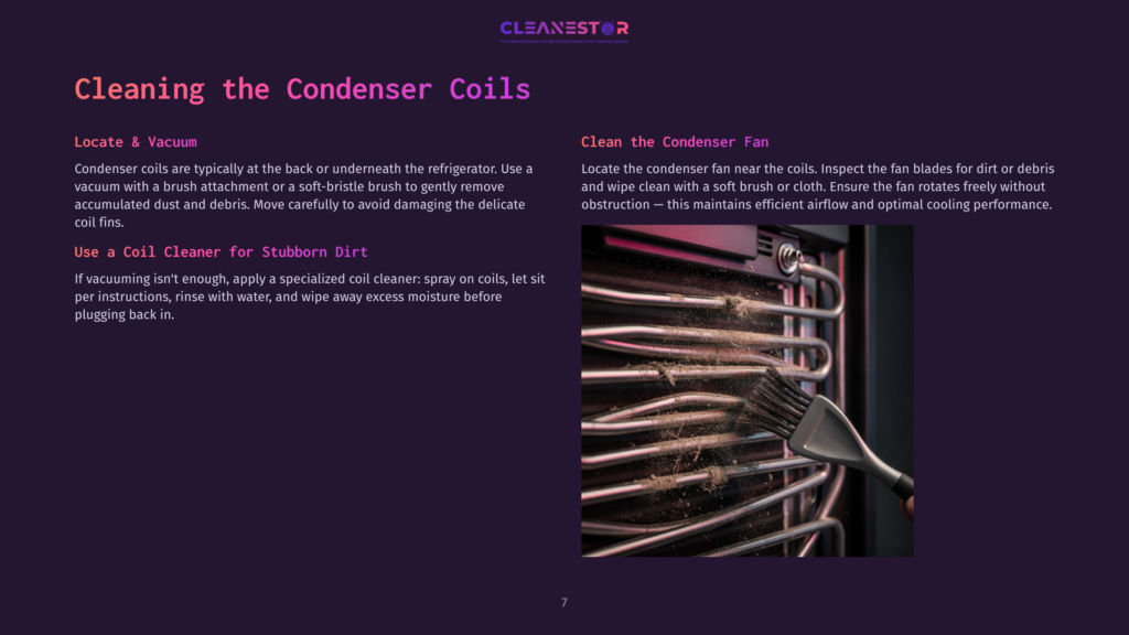 Close-Up Of Dirty Refrigerator Condenser Coils With Dust And Debris, A Brush Being Used To Clean Them.