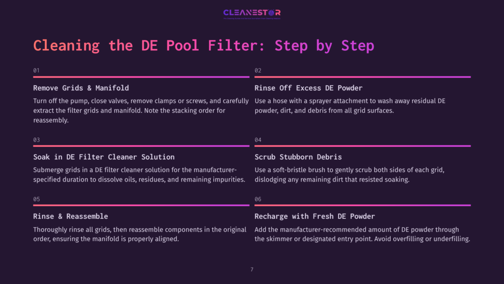 Infographic Titled &Quot;Cleaning The De Pool Filter: Step By Step&Quot; By Cleanestor, Detailing Six Steps For Cleaning De Pool Filters, Including Rinsing, Soaking, And Recharging With De Powder.