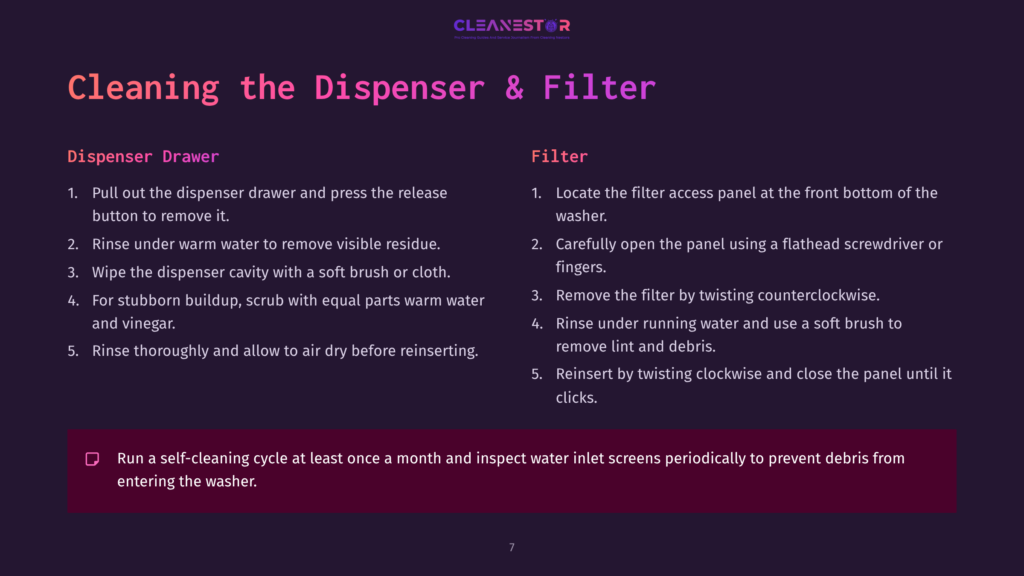 Instructions On Cleaning A Washer Dispenser And Filter, Featuring Step-By-Step Text With Purple And White Colors On A Dark Background.