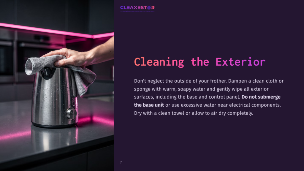 7 Cleaning The Exterior A Hand Wipes Down A Wet, Stainless Steel Electric Kettle On A Dark Countertop, With Pink Led Lighting In The Background. Text Reads &Quot;Cleanestor&Quot; And &Quot;Cleaning The Exterior&Quot;.