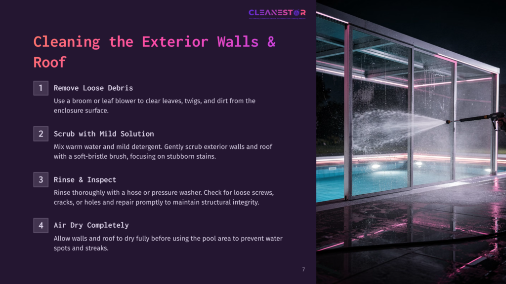 7 Cleaning The Exterior Walls And Roof A Person Power Washes The Glass Exterior Walls Of A Modern Pool Enclosure At Night, Illuminating The Water And Wet Ground With Bright Lights.