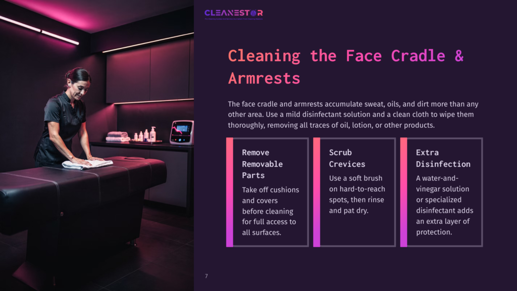 A Person Cleans A Massage Table In A Dimly Lit Room, With Purple Lighting, Showcasing A Strategy For Maintaining Face Cradle And Armrests.