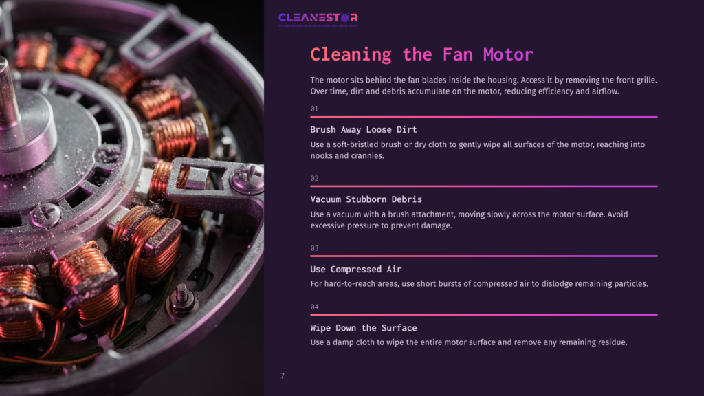 Close-Up Of A Fan Motor With Copper Wiring, Highlighting A Clean, Detailed View Of The Internal Components And Cleaning Instructions.