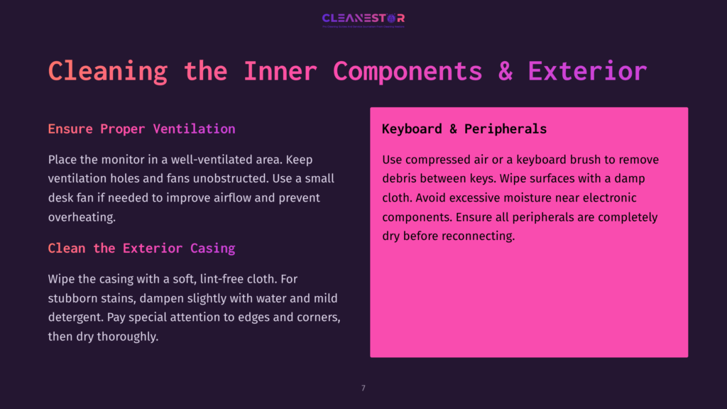 Text Instructions On Cleaning Crt Screens, Featuring A Pink Box With Tips On Keyboard And Peripherals Against A Dark Background.
