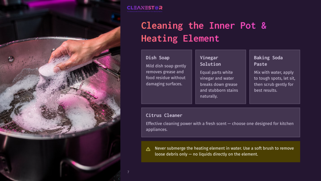 7 Cleaning The Inner Pot And Heating Element A Hand Scrubs A Stainless Steel Pot With A White Brush And Dish Soap, Creating Suds. The Pot Is Part Of The Cleanestor Inner Pot &Amp; Heating Element Cleaning Instructions.
