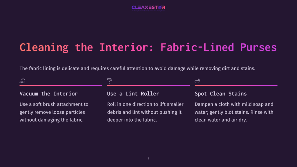Graphic With Text &Quot;Cleaning The Interior: Fabric-Lined Purses&Quot; And Icons Illustrating Vacuuming, Lint Rolling, And Spot Cleaning For Purse Interiors.