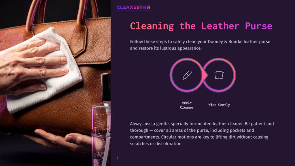 A Brown Leather Dooney &Amp; Bourke Purse Being Cleaned With A White Cloth, Alongside Cleaning Product Icons On A Dark Background.