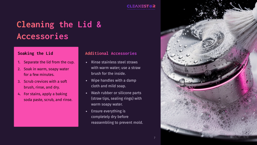 Close-Up Of A Stainless Steel Lid With Water Droplets And Soap Suds, Being Cleaned With A White Brush. Text On The Left Details How To Clean The Lid And Accessories.
