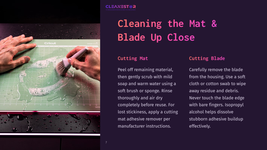 7 Cleaning The Mat And Blade Up Close Hands Scrub A Green Cutting Mat With A Brush And Soap Suds, With A Cricut Logo Visible. Instructions For Cleaning Cutting Mats And Blades Are Shown.