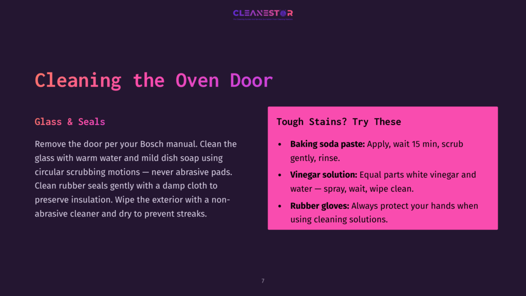 Presentation Slide Titled &Quot;Cleaning The Oven Door&Quot; With Instructions For Cleaning Glass And Tough Stains Using Baking Soda And Vinegar.