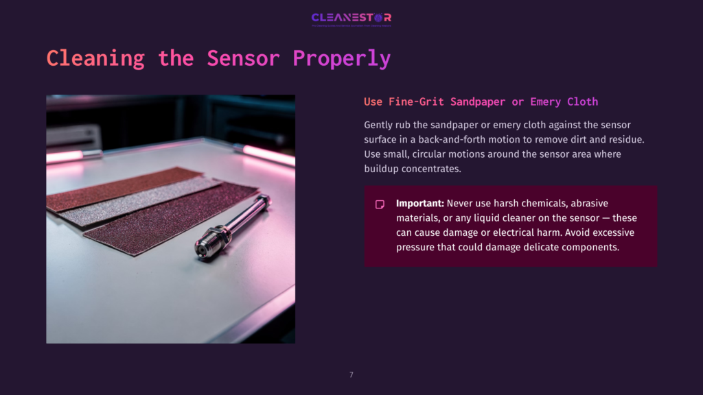 Close-Up Of Fine-Grit Sandpaper And Emery Cloth On A Table, With A Text Box Outlining Cleaning Instructions And Caution Note.