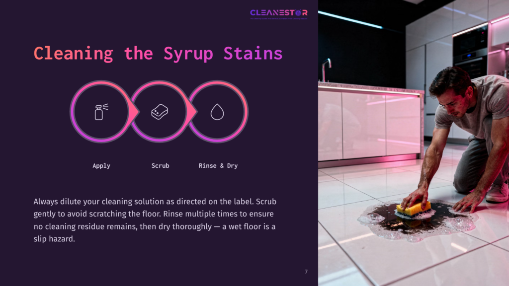 Diagram Illustrating The Three Steps Of Cleaning Syrup Stains: Apply, Scrub, And Rinse &Amp; Dry, With A Man Cleaning A Syrup Spill On A White Tiled Floor In The Background.