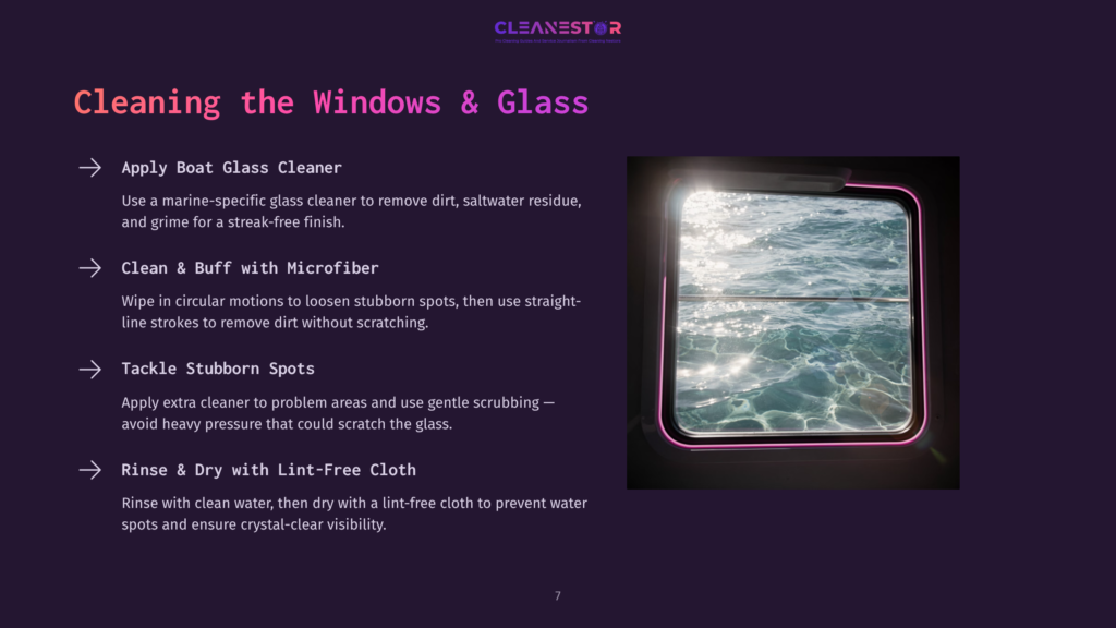 A Boat Window Shows A Clear View Of Rippling Water, Framed By A Pink Outline, With Cleaning Instructions In Bold Text Above.