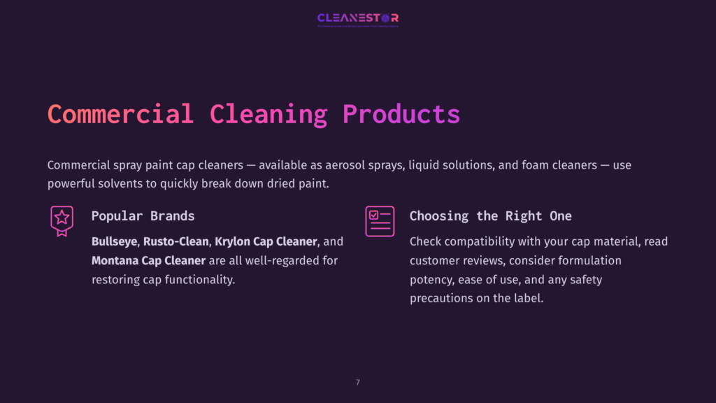7 Commercial Cleaning Products Commercial Spray Paint Cap Cleaners Are Available As Aerosol Sprays, Liquid Solutions, And Foam Cleaners. Popular Brands Include Rust-Oleum, Krylon, And Montana. Choosing The Right Cap Cleaner Requires Checking Compatibility And Safety Precautions.