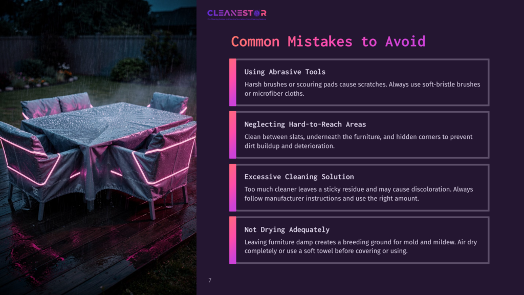 Outdoor Patio Furniture Covered With A Protective Tarp At Dusk, With Neon Pink Trim Accentuating The Furniture'S Edges And The Surrounding Deck. The Scene Depicts A Common Mistake To Avoid In Furniture Care.
