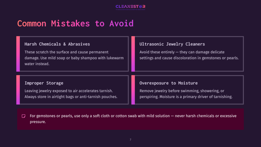 Graphic Listing Common Mistakes To Avoid When Cleaning Sterling Silver Jewelry; Features Bold Headings, Bullet Points, And A Dark Background.