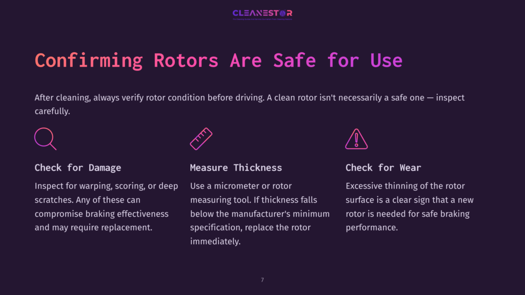Cleanestor Logo And Text: &Quot;Confirming Rotors Are Safe For Use.&Quot; Sections Detail Checking Rotors For Damage, Measuring Thickness With A Micrometer, And Checking For Wear, With Icons For Each.