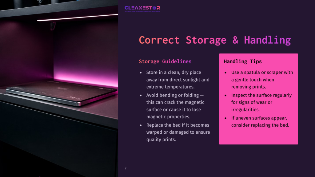 Cleanestor Branding On A Slide Titled &Quot;Correct Storage &Amp; Handling&Quot; With Guidelines For Storing And Handling Prints. The Right Side Of The Slide Features A Pink Box With &Quot;Handling Tips.